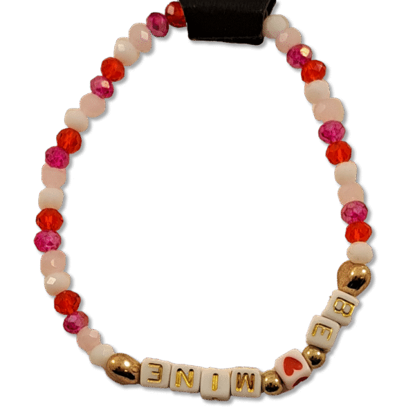 Be Mine Valentine’s Theme Bracelet with pink, red, and gold beads on stretch cord from Capstone Hemp
