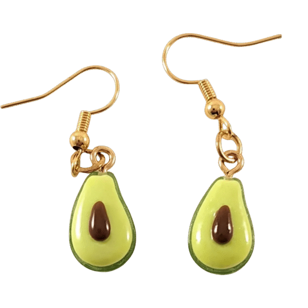 Handmade avocado earrings with green fruit slice design and gold hooks – fun and lightweight jewelry for women.