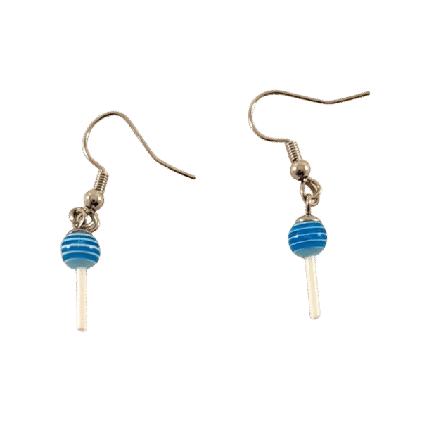 A pair of handmade Blue Sucker Earrings with swirl detail and stainless steel hooks