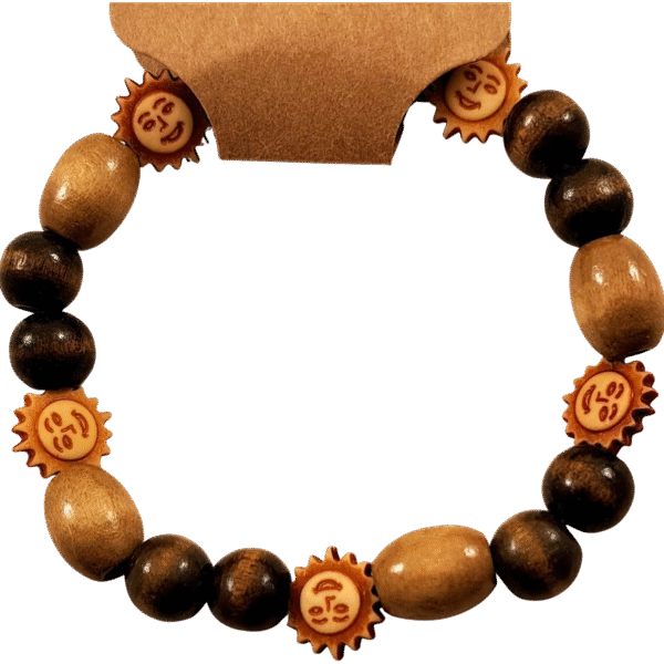 Smiling Suns Bracelet with engraved wooden sun faces on stretch cord