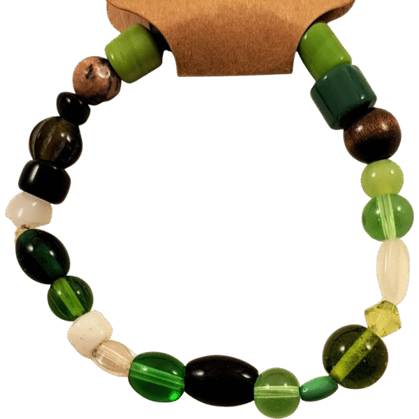 Green and Black Bracelet handmade with plastic and wooden beads on a stretch cord – Capstone Hemp