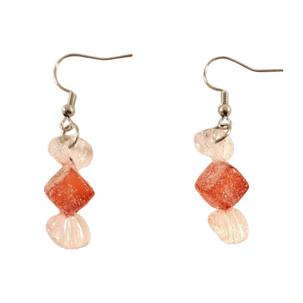Red hard candy earrings shaped like wrapped candy