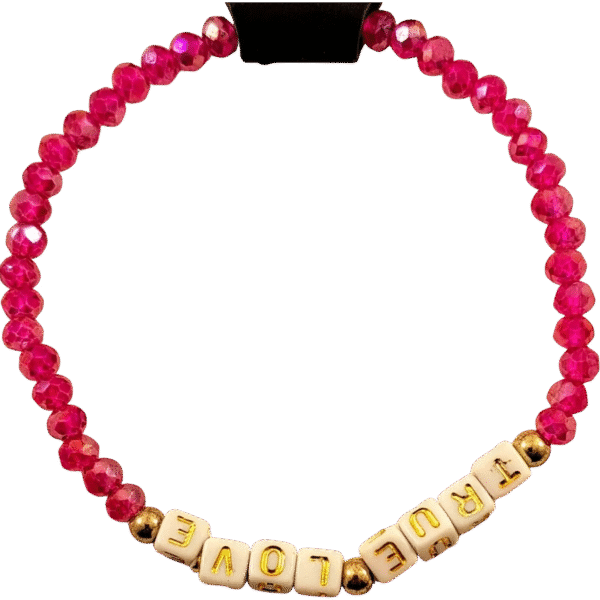 True Love Bracelet made with pink crystal beads and white letter cubes on stretch cord by Capstone Hemp