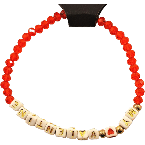 My Valentine Bracelet with red beads and "My Valentine" white letter cubes on stretch cord by Capstone Hemp