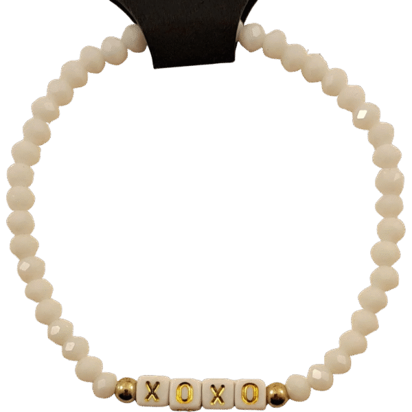 Handmade white crystal XOXO Bracelet with gold accent beads on stretch cord from Capstone Hemp